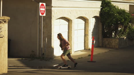 skater rides and stops before going into forbidden area, static view