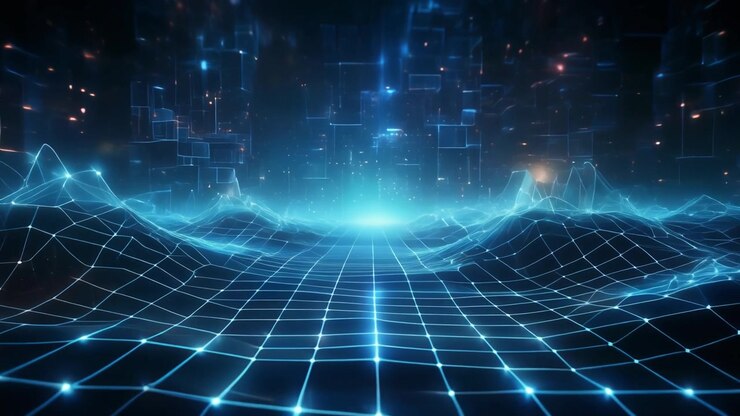 Paesaggio Digitale Astratto con Griglia Blu Luminosa e Cubi di Dati Fluttuanti