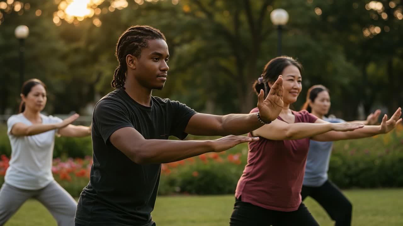 A Group of Four Individuals Practicing Tai Chi in a Sunlit Park, Emphasizing Harmony and Movement Through an Outdoor Exercise Session