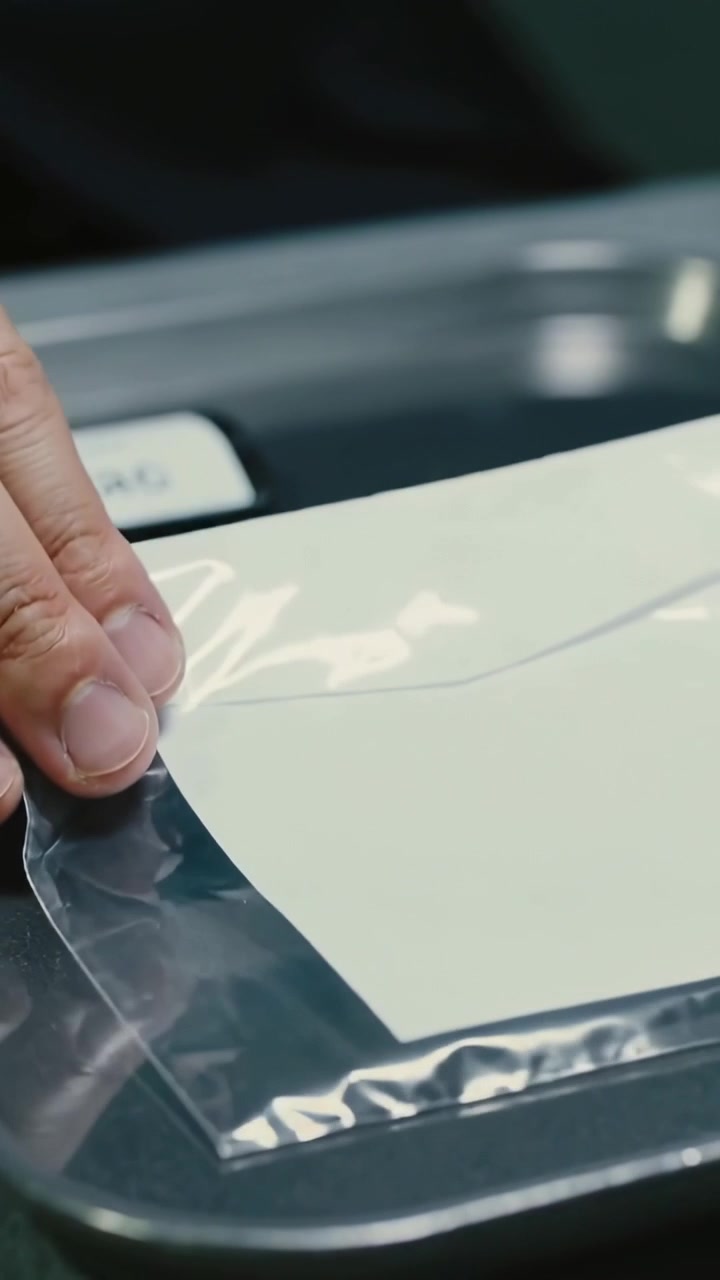 Video vertical: Manos colocando y alineando papel en una bandeja en un banco de trabajo, asegurando una funda transparente para archivar.
