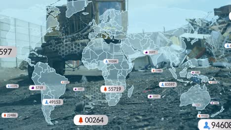 Animation of media icons and world map over rubbish dump