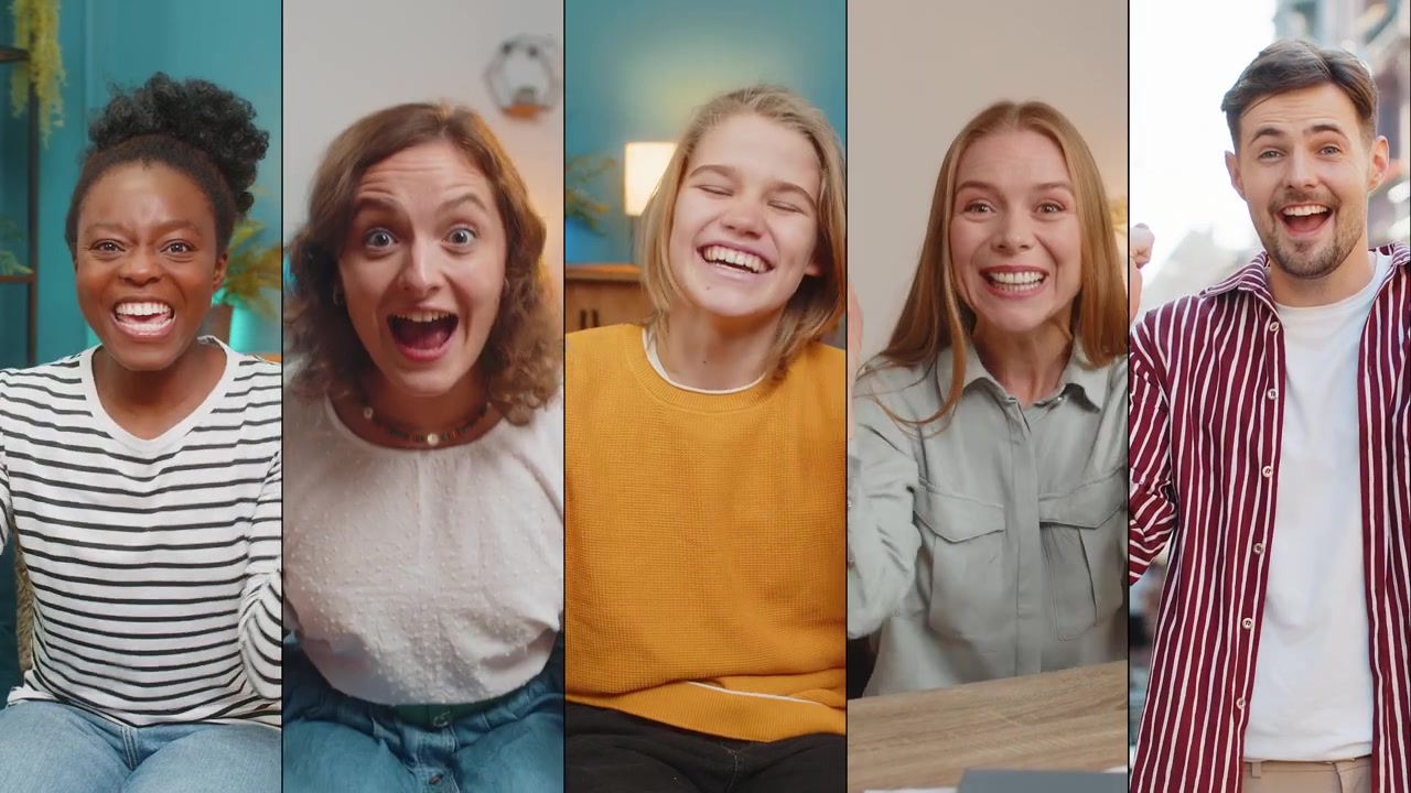 Collage di uomini e donne sorridenti e felici che festeggiano un successo, una vittoria a un gioco o una buona notizia