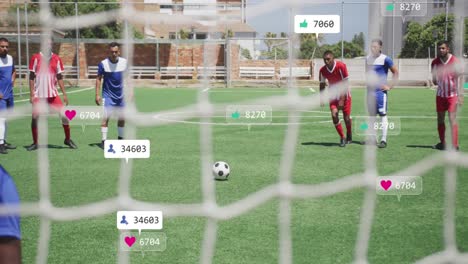 Animation-Von-Social-Media-Symbolen-Und-Zahlen-Auf-Bannern-über-Einem-Fußballspieler,-Der-Den-Ball-Kickt