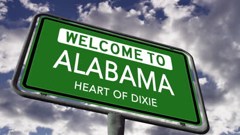 Willkommen-In-Alabama,-US-Staatsstraßenschild,-Heart-Of-Dixie-Slogan,-Realistische-3D-Animation