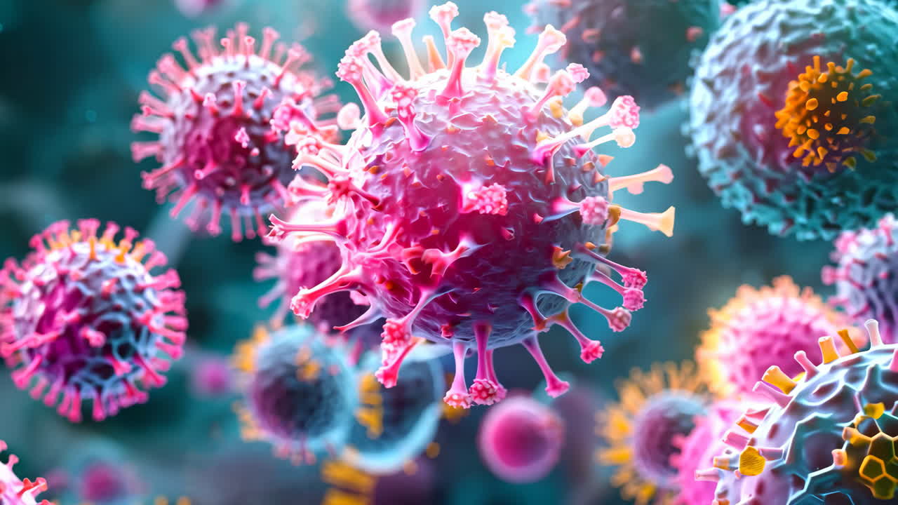 Colorful Close-Up of Coronavirus Particles in a Microscopic View. A detailed view of vibrant coronavirus particles floating in a microscopic environment.