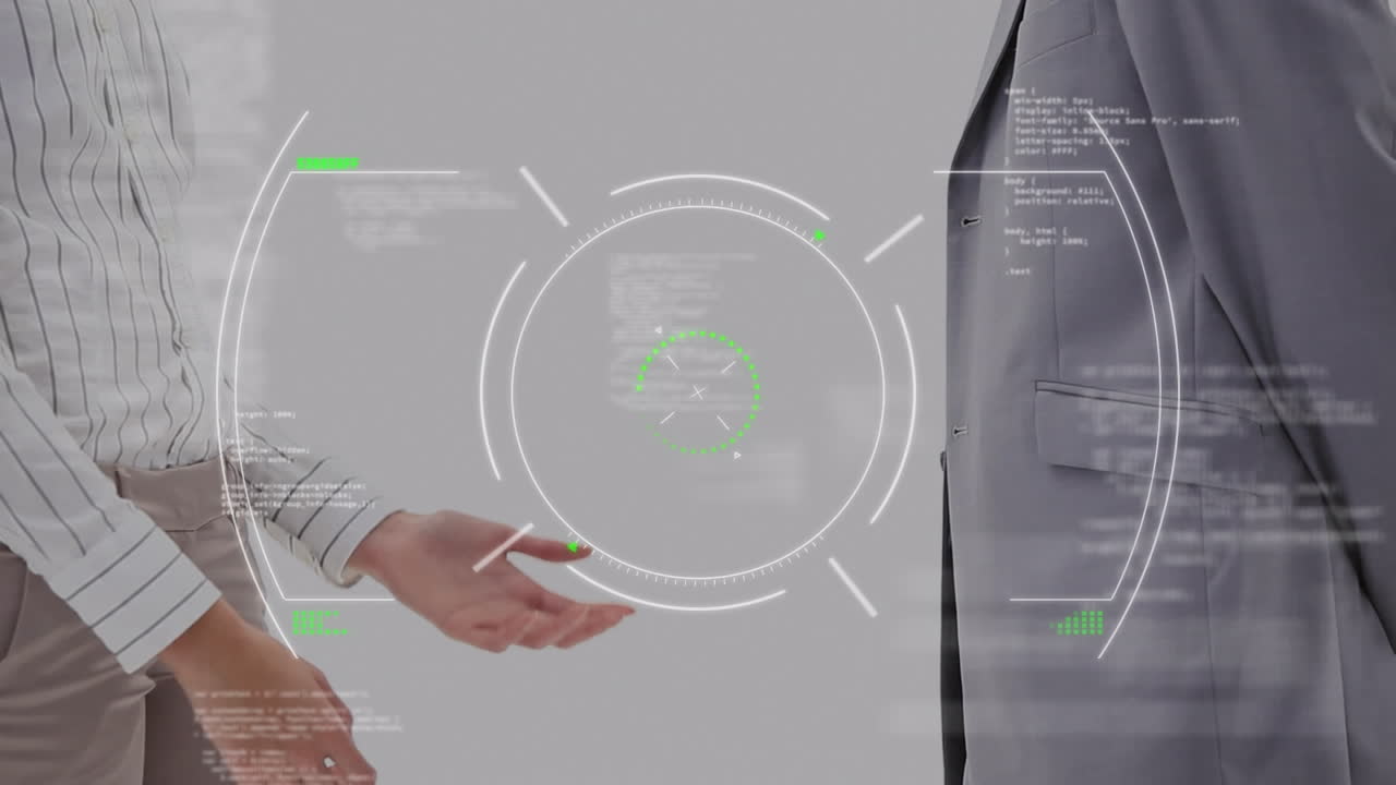 Animation of scope scanning over mid section of businessman and businesswoman shaking hands