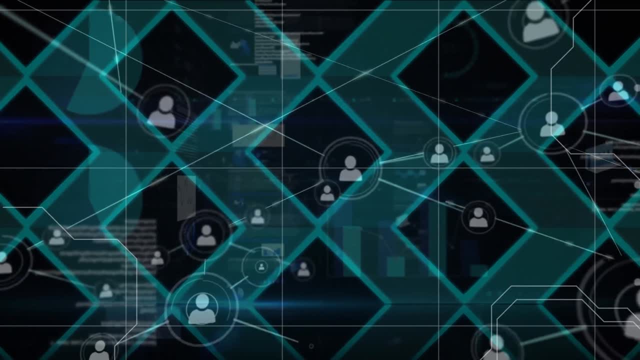 Digital animation of network of connections against financial data processing on black background