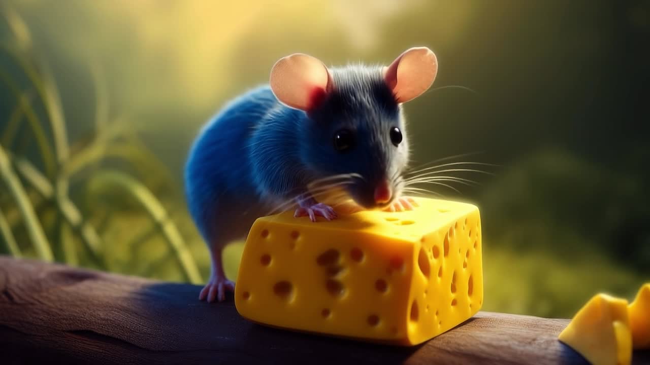 Mouse explores cheese in sunny meadow. A small gray mouse curiously examines a piece of yellow cheese in a lush green meadow during daylight.