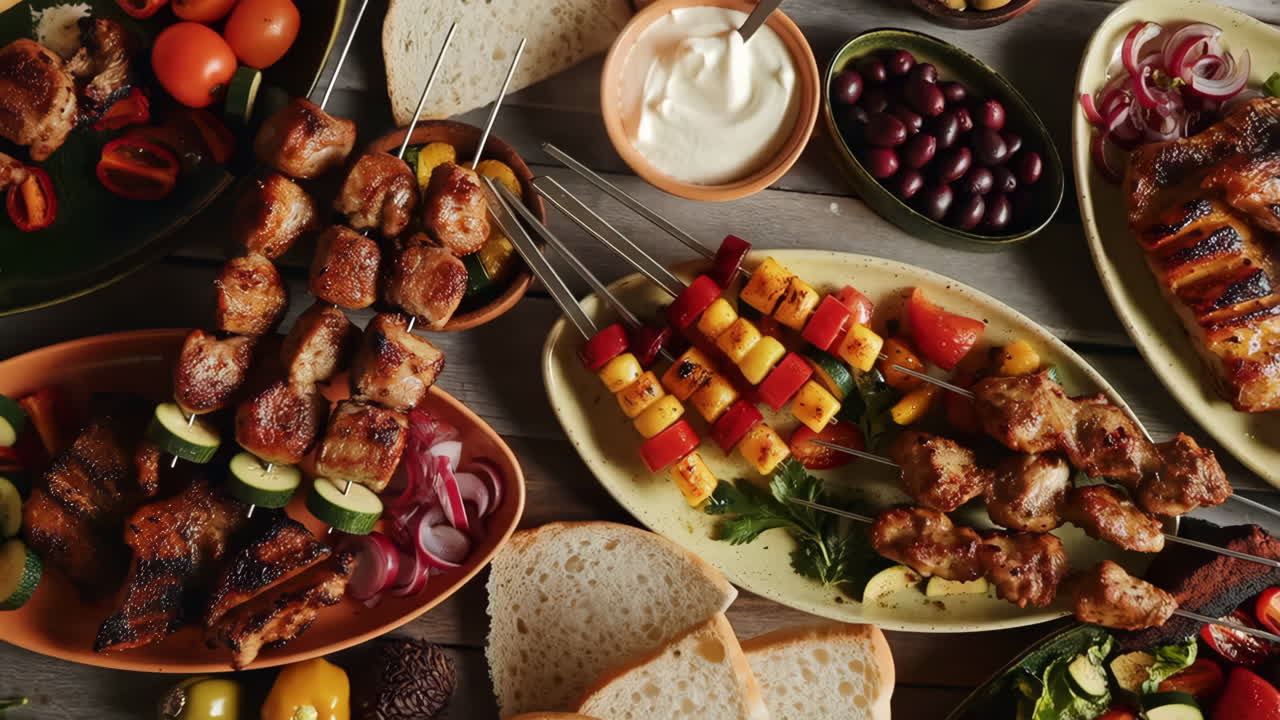 A Delicious Spread of Grilled Meat and Vegetable Skewers