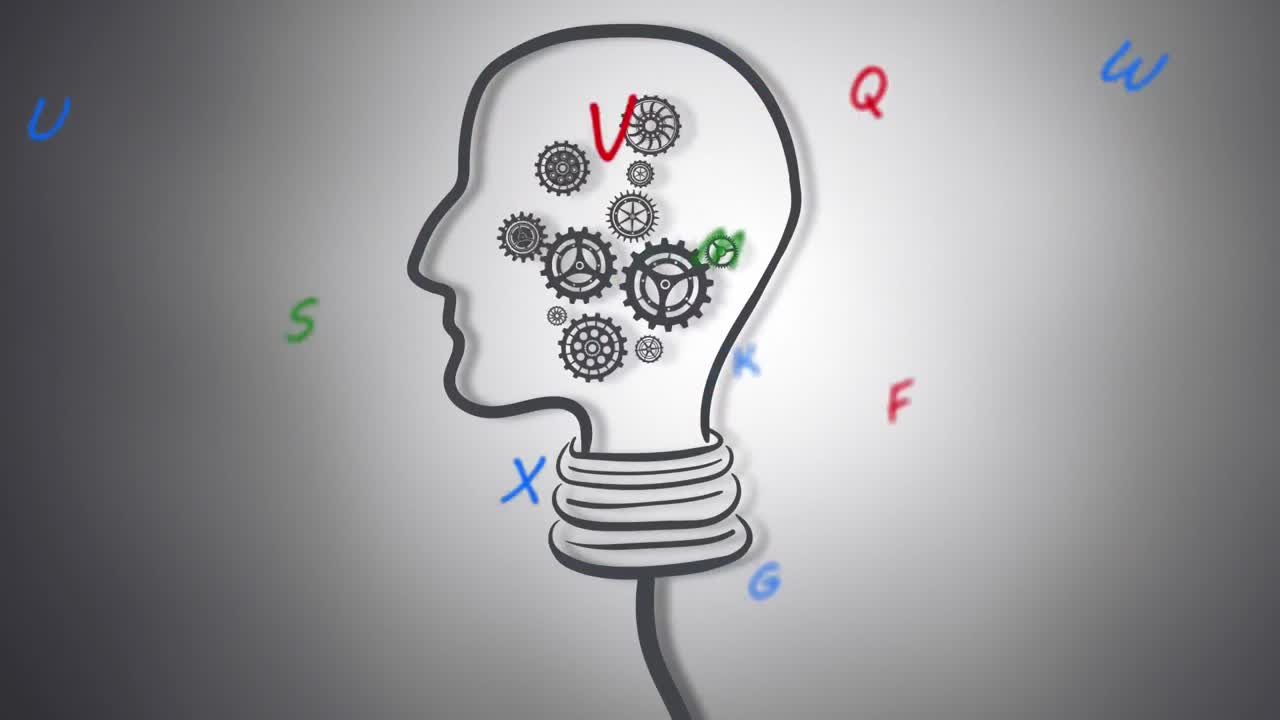 animación de letras coloridas flotantes sobre el dibujo de una cabeza humana con engranajes giratorios
