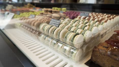 assorted macarons in a display case