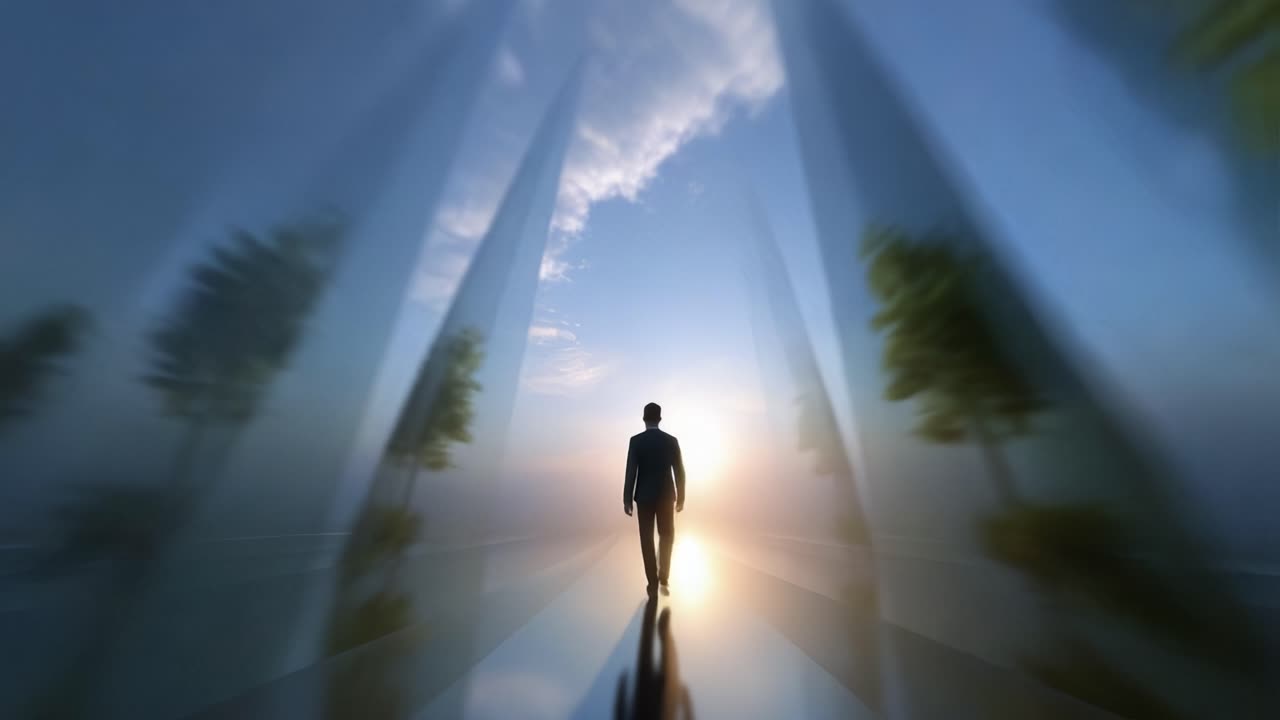 A solitary figure walking through a dreamlike landscape of glass, surrounded by towering structures and greenery, moving towards a bright horizon filled with promise