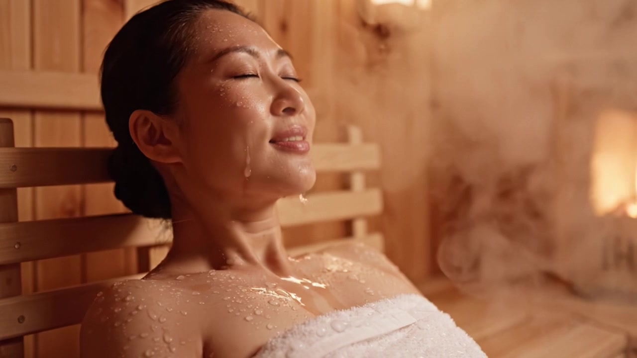 Momento di relax in una sauna: una donna abbraccia la tranquillità e il calore in un'atmosfera spa serena con illuminazione soffusa e ambienti in legno naturale.