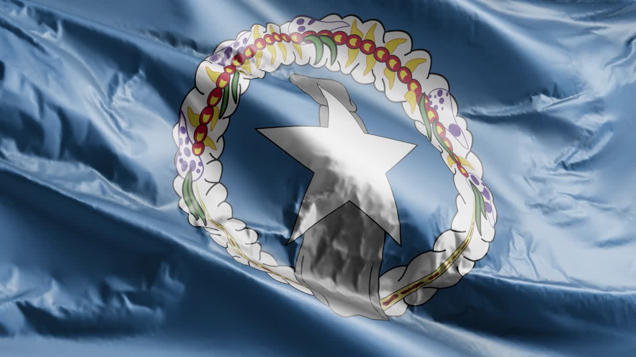 북부 마리아나 제도의 발이 바람에 흔들리고, 북부 마리아나 제도의 배너가 바람에 휘어지고, 배경이 완전히 가득 차 있고, 10초의 루프가 있습니다.