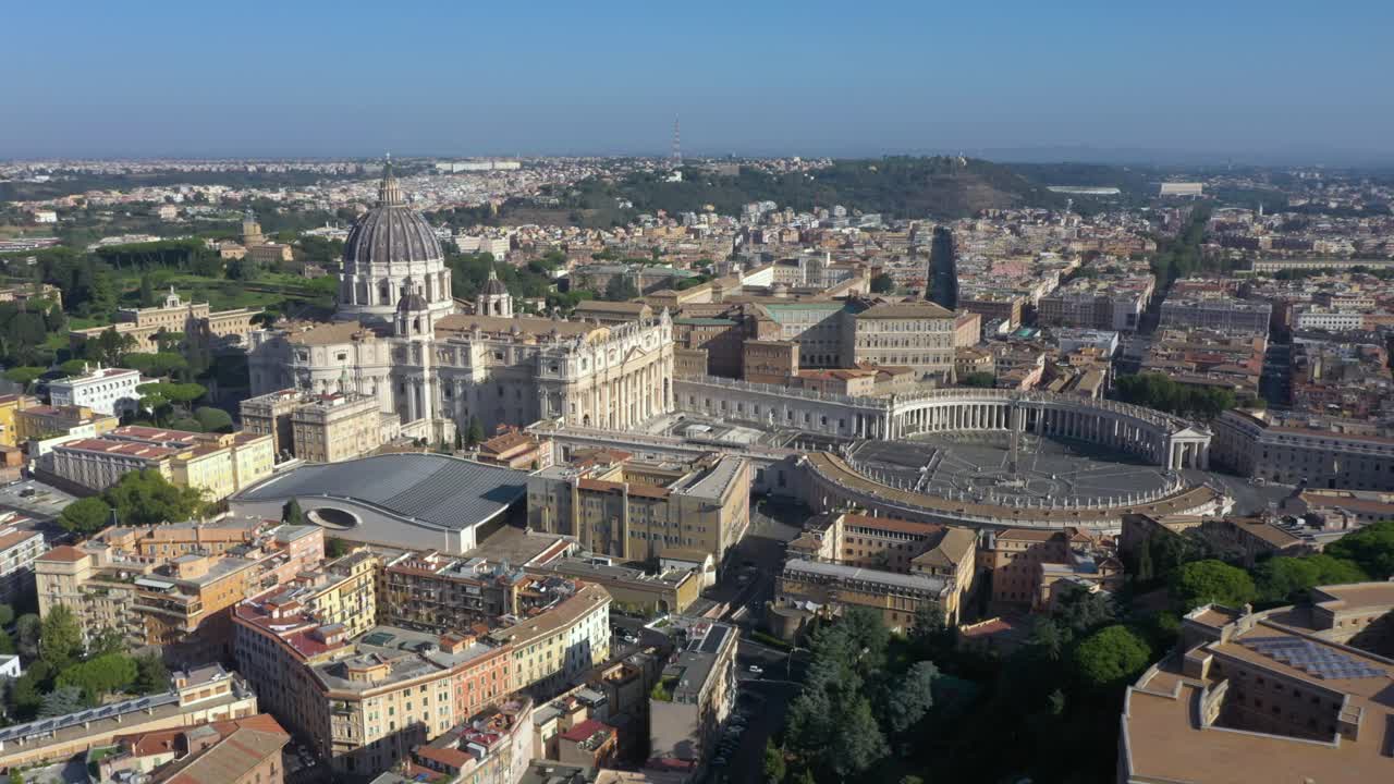 Aerial drone spinning over St. Peter’s Basilica, its majestic dome, and the vast Piazza San Pietro, symbolizing the heart of the Catholic Church and Rome’s timeless beauty