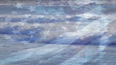 digital composition of waving us flag against waves in the sea