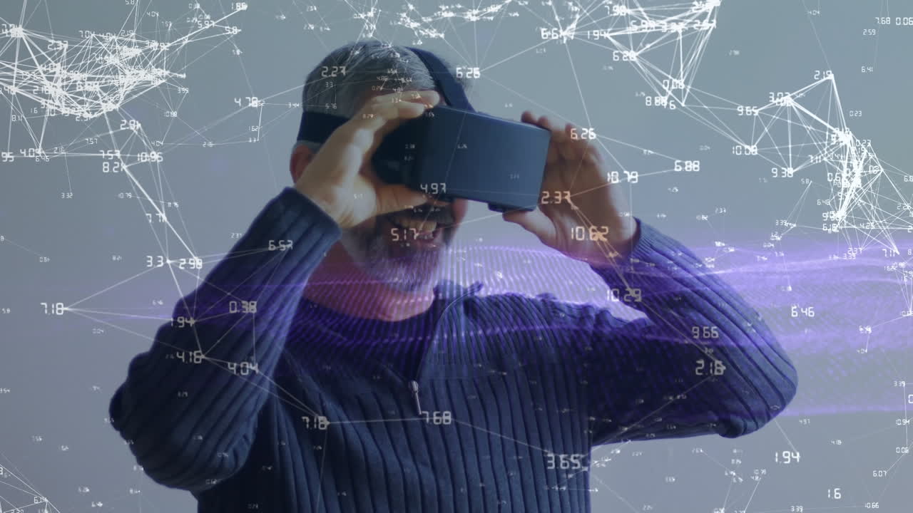 animación de la red de conexiones sobre el hombre caucásico usando auriculares vr