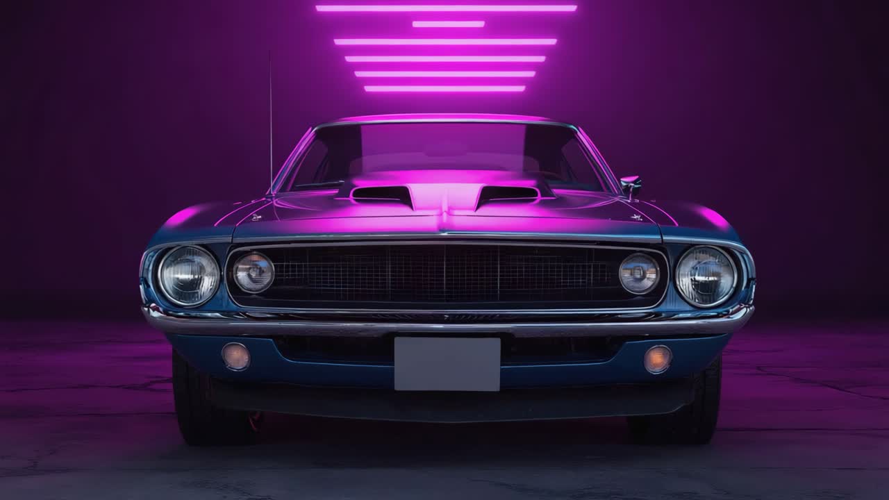 Classic Blue Car Under Neon Lighting