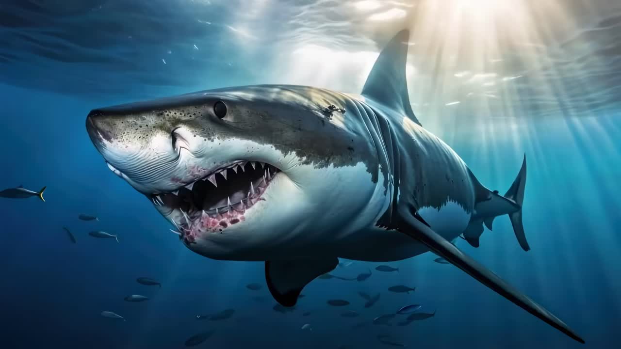 Dynamic underwater video shot of a great white shark swimming, captured from a low angle