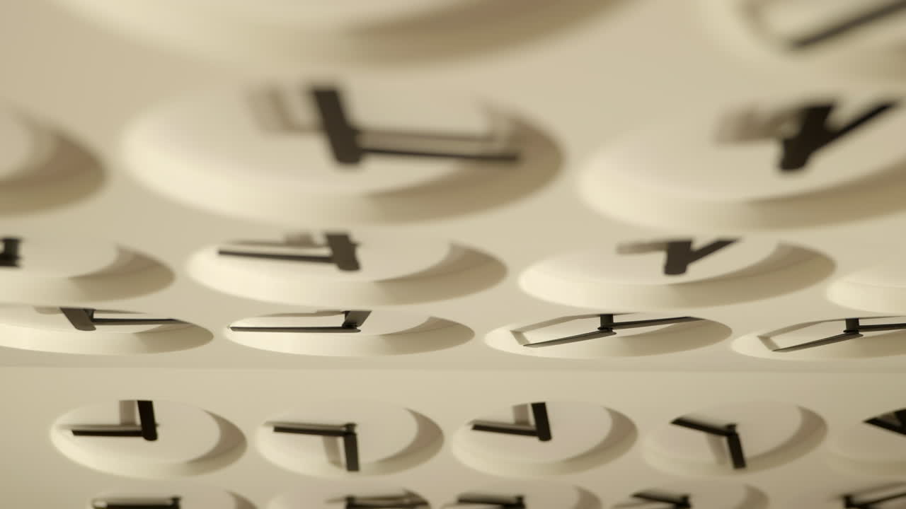 VERTICAL Multiple clocks spinning hands creating geometric pattern shapes hung on luxury jewellery store wall