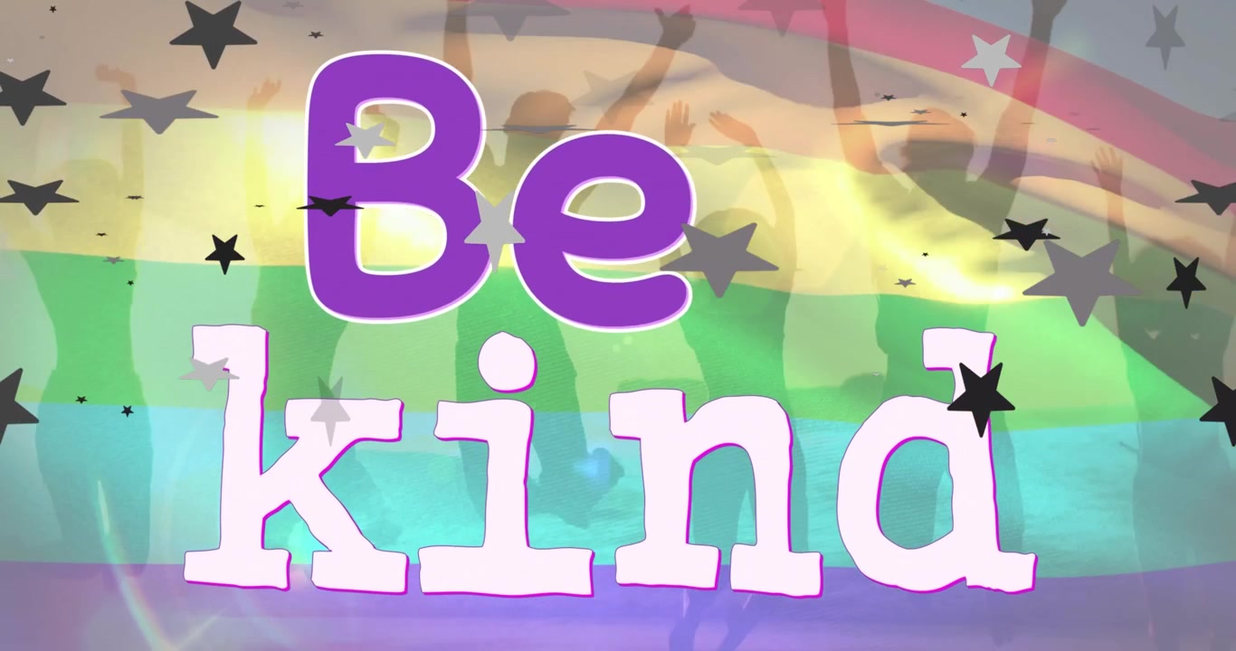 Animation of be kind text in purple with black stars over silhouetted people and rainbow flag