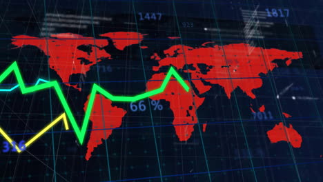 world map with declining green line and percentages, financial crisis animation