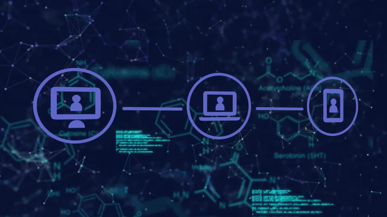 Animation of connected icons over molecule structures, computer language and connected dots