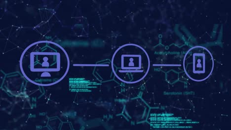 Animation-of-connected-icons-over-molecule-structures,-computer-language-and-connected-dots
