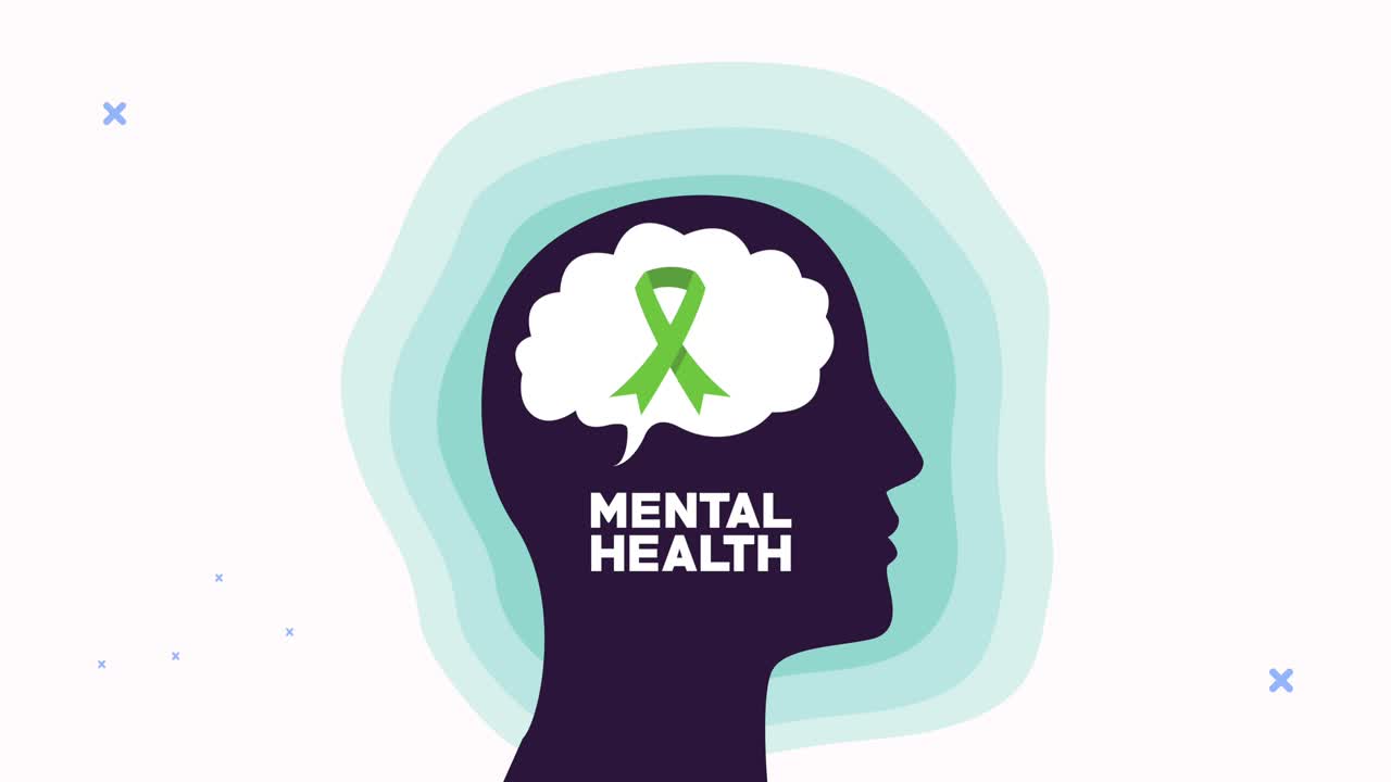 animación de salud mental con silueta de perfil y campaña de cinta en el cerebro