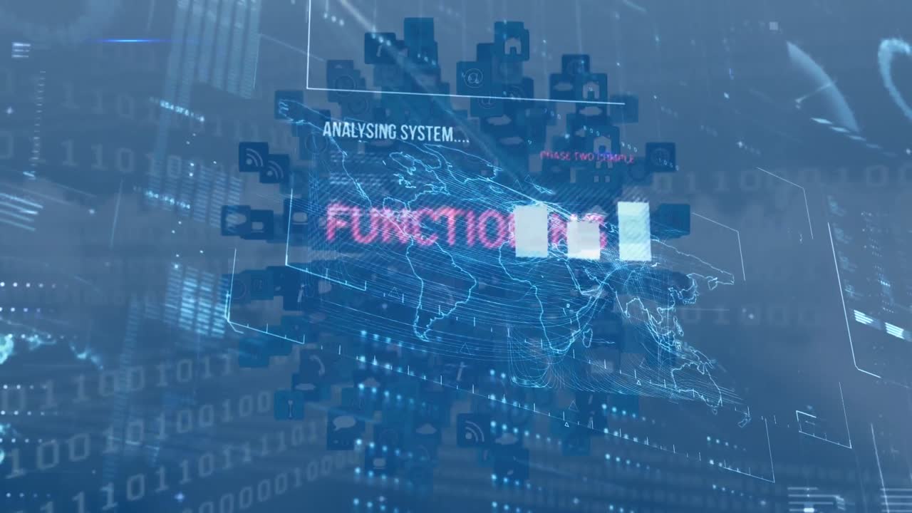 백색 배경 위에 아이콘을 가진 데이터 처리 및 지구의 애니메이션