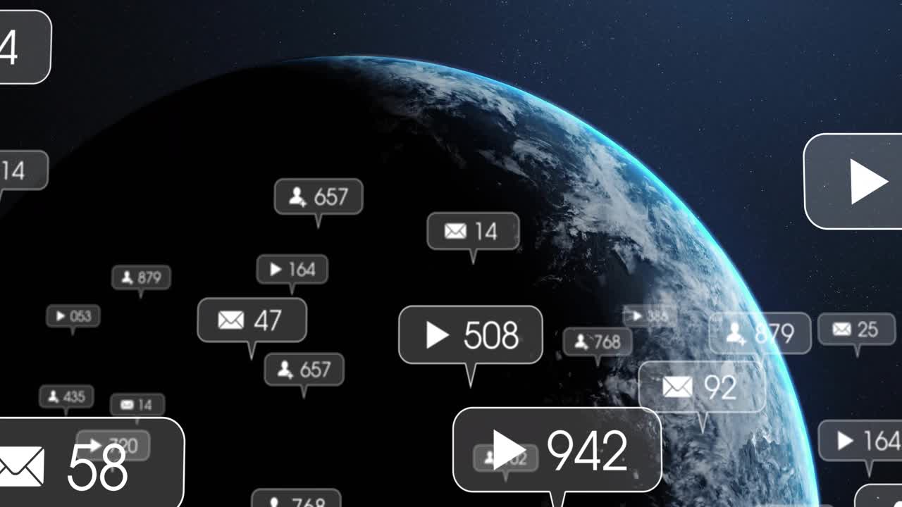 Il pianeta Terra che ruota, con un'icona di riproduzione che appare e icone che aggiornano i conteggi, visualizzando il coinvolgimento.