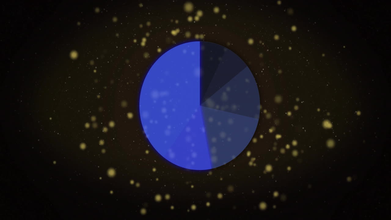 animación de diagrama de pastel y procesamiento de datos digitales sobre puntos brillantes en fondo oscuro