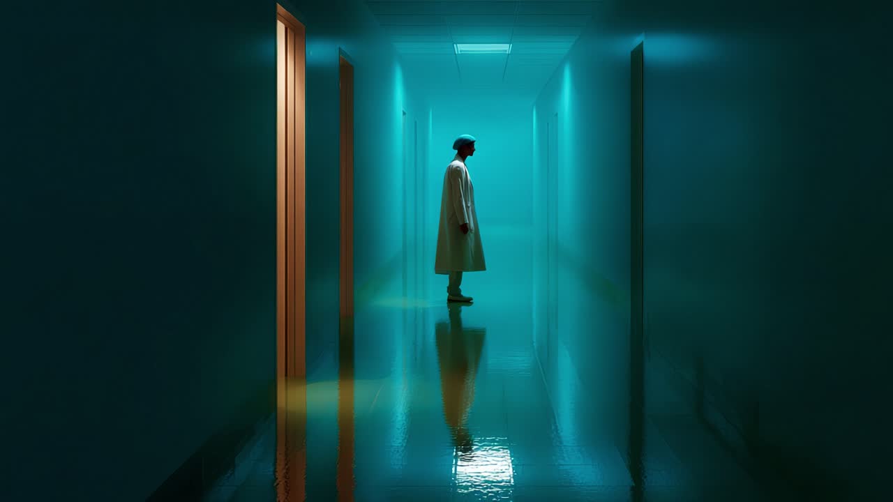 A mysterious figure stands motionless in a dimly lit corridor with glowing walls, evoking a sense of unease and anticipation, as quiet echoes fill the air in this haunting visual narrative