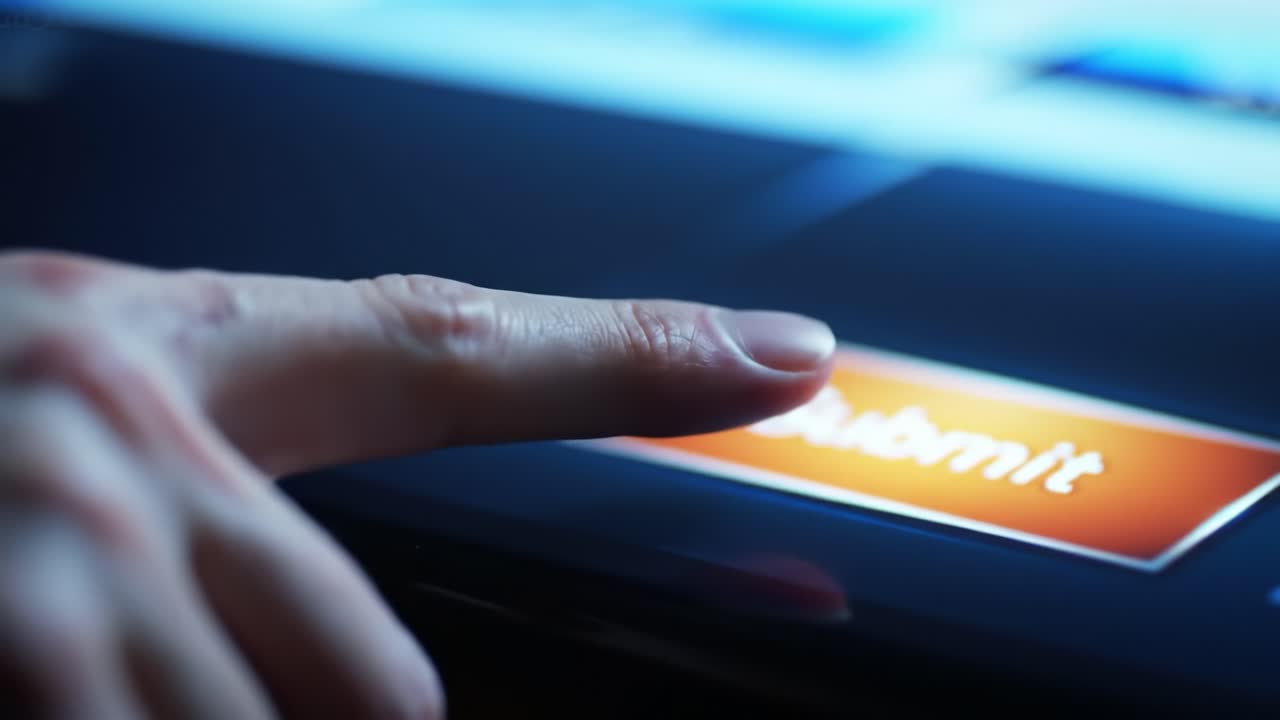 User Interaction with Digital Interface: Close-Up of Finger Pressing 'Submit' Button, Showcasing Modern Technology and Touchscreen Functionality in Use