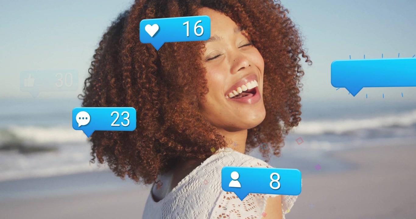 Woman turning head smiling on sunny beach, social media icons appearing, updating with confetti
