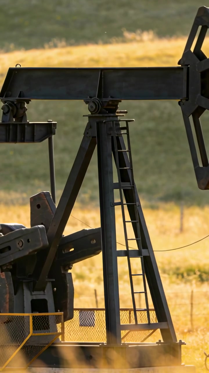 Vertical video: Pivoting dark pumpjack rocking beam as crank turning, pumping oil on grassy hill