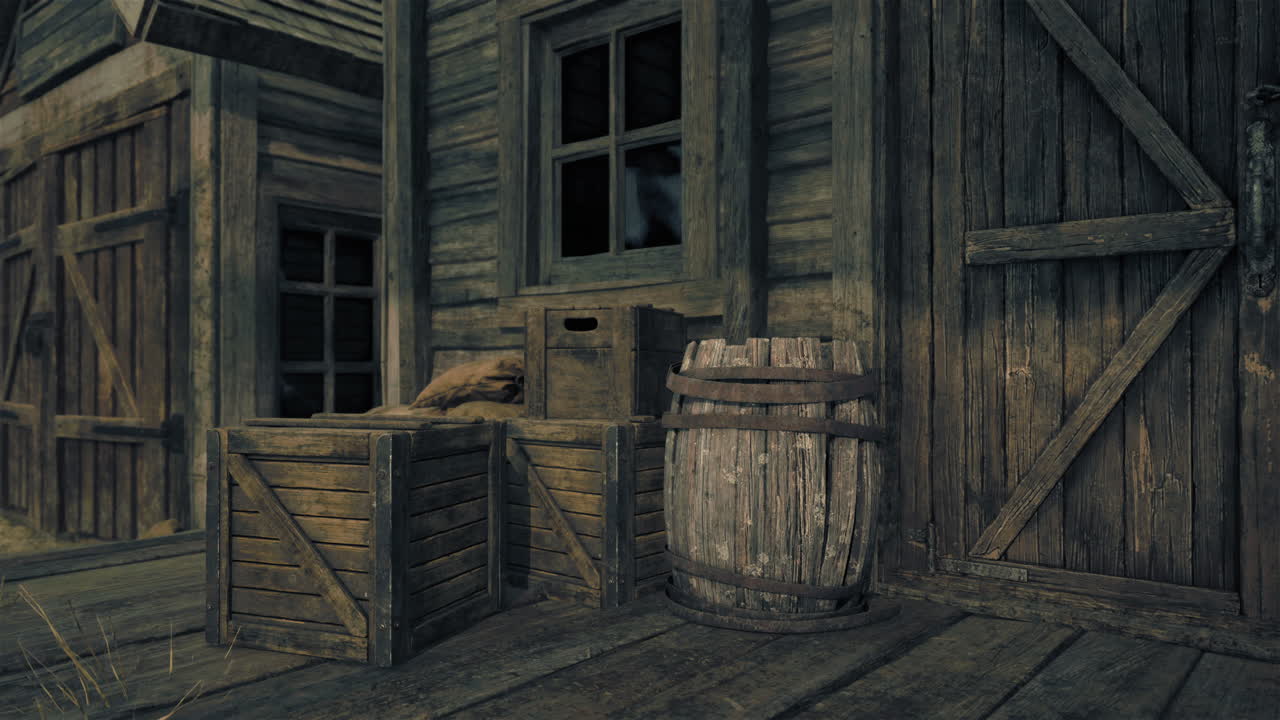 antiguo edificio de madera con cajas y barriles de madera