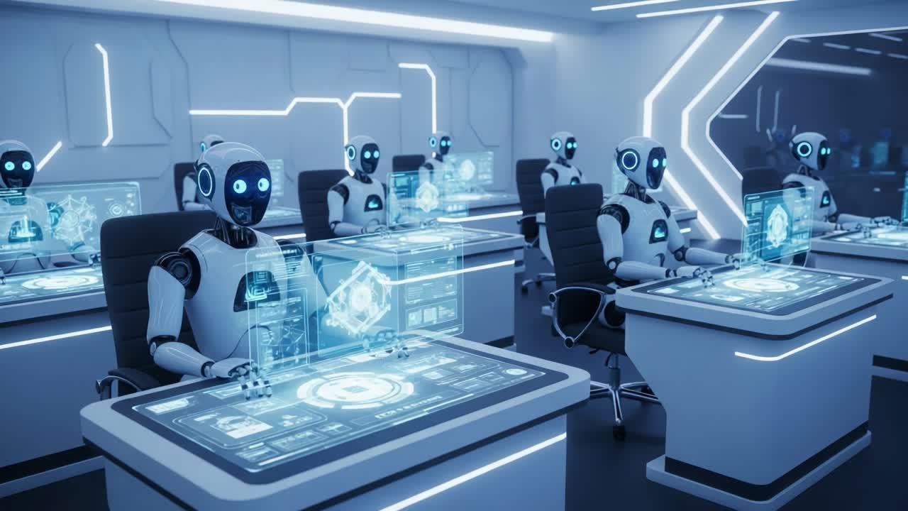 A Futuristic Workspace Filled with Robots Engaged in Advanced Technological Operations, Showcasing Glowing Interfaces and a High-Tech Environment.