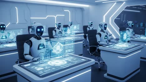 a futuristic workspace filled with robots engaged in advanced technological operations, showcasing glowing interfaces and a high-tech environment.