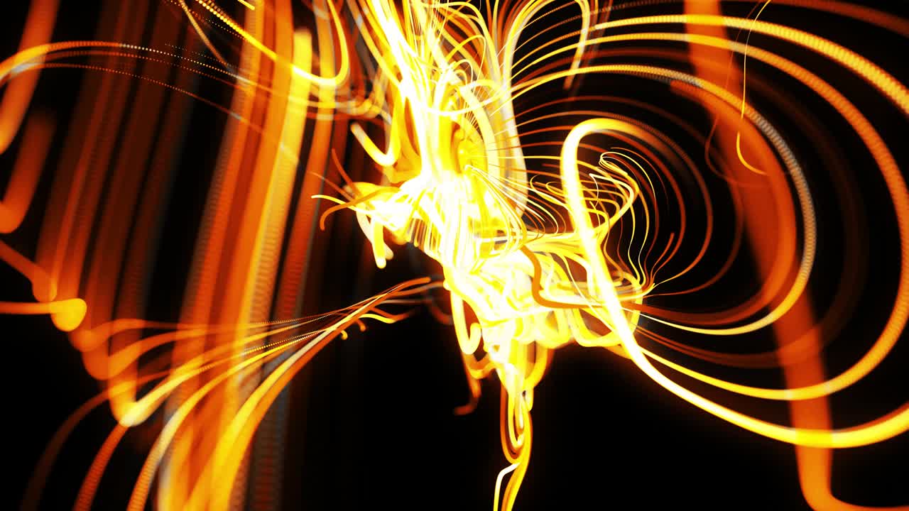 el flujo de partículas forma líneas amarillas rizadas como senderos de luz brillante o rayas, las líneas forman un patrón giratorio como ruido de rizado. animación 3d abstracta como brillante creativa festiva bg. líneas rápidas de luz
