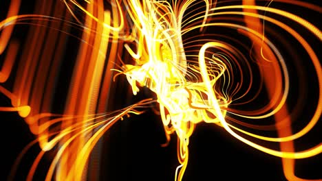 flow of particles forms curled yellow lines like glow light trails or streaks, lines form swirling pattern like curle noise. abstract 3d animation as bright creative festive bg. fast lines of light