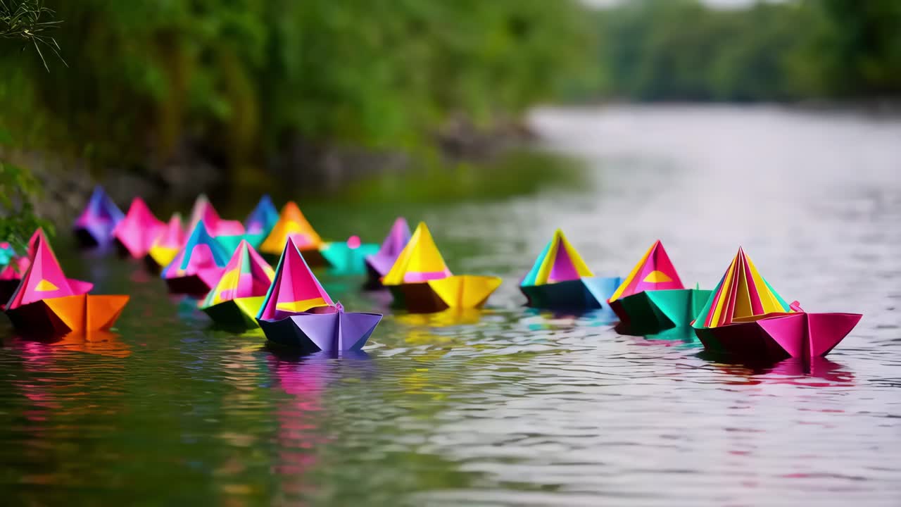 coloridos barcos de origami en un río