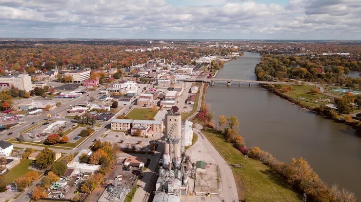 Aerial view over Saginaw industrial area next to Saginaw River Michigan, USA