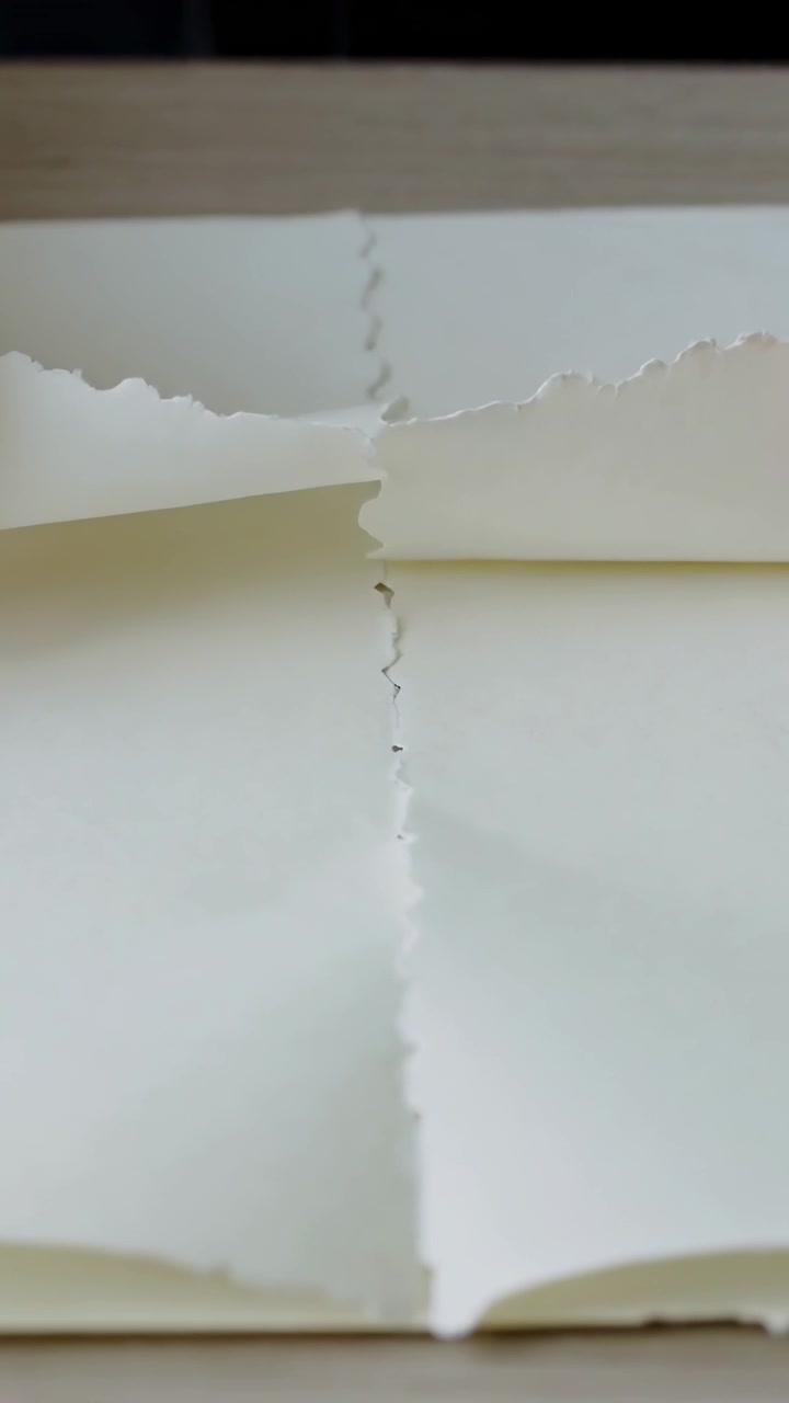 Vertical video: Touching edge, fingers lifting torn white sheet on table, revealing jagged tear
