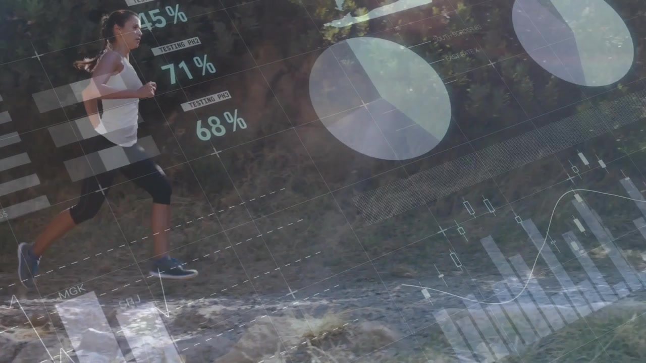 Camera tracking starting as runner entering frame, running uphill, training, HUD charts expanding