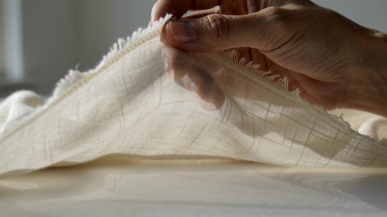 Avvicinamento della mano destra di un adulto che solleva un panno beige sfilacciato vicino a una finestra, mostrando la trama traslucida