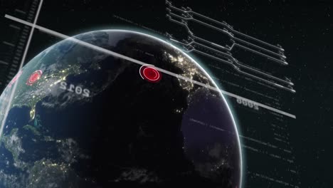 animation of computer language with circuit board pattern and numbers over circles on globe