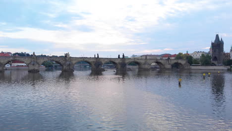 Aerial-view-to-Vltava-river-and-Charles-Bridge,-Prague,-Czech-Republic