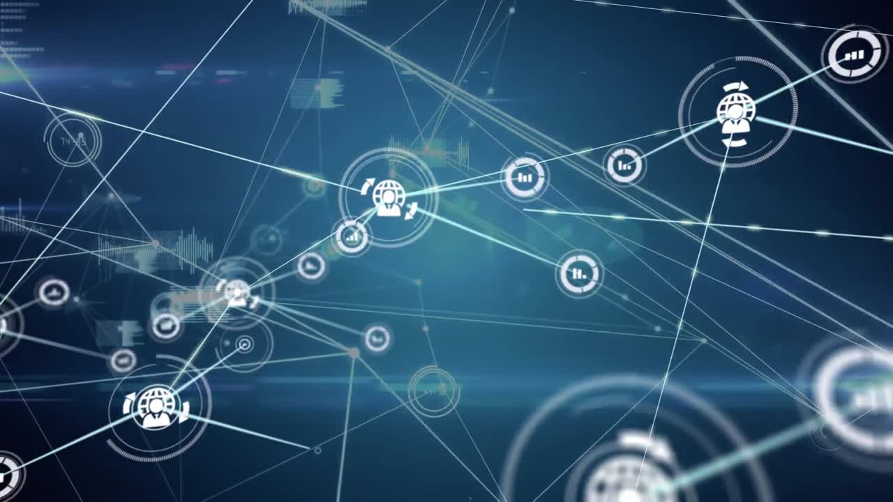 animación de una red de iconos digitales y procesamiento de datos contra rastros de luz sobre fondo azul