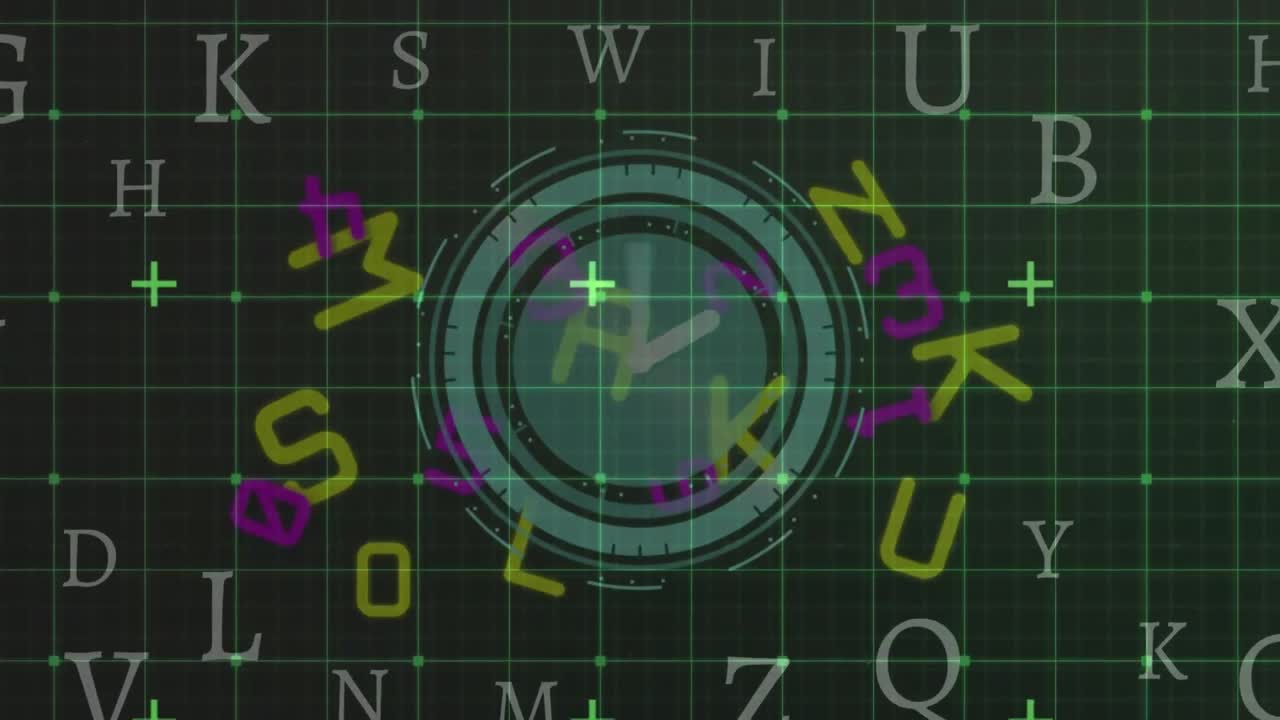 검은색 배경에 움직이는 시계 위에 있는 글자의 애니메이션